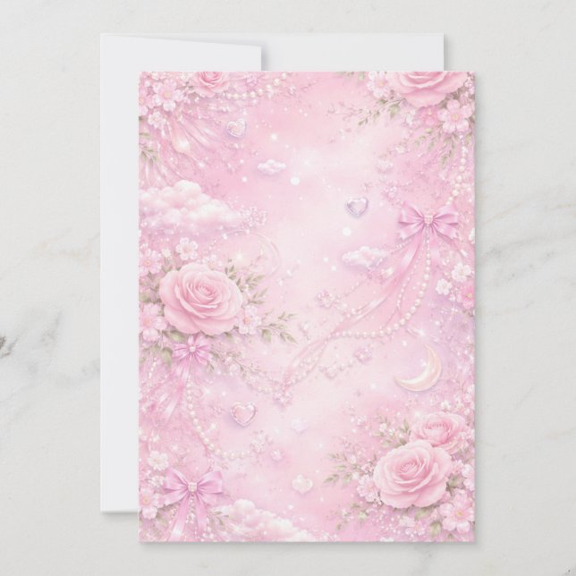 Invitation Dreamy Pink Rose Floral Pattern Pearls Bows Sparks (Devant)