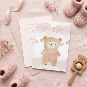 Invitation Dreamy Pink Teddy Bear Baby shower c'est une fille