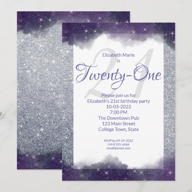 Invitation Dreamy Purple Aquarelle Parties scintillant 21 Ann (Devant / Derrière)