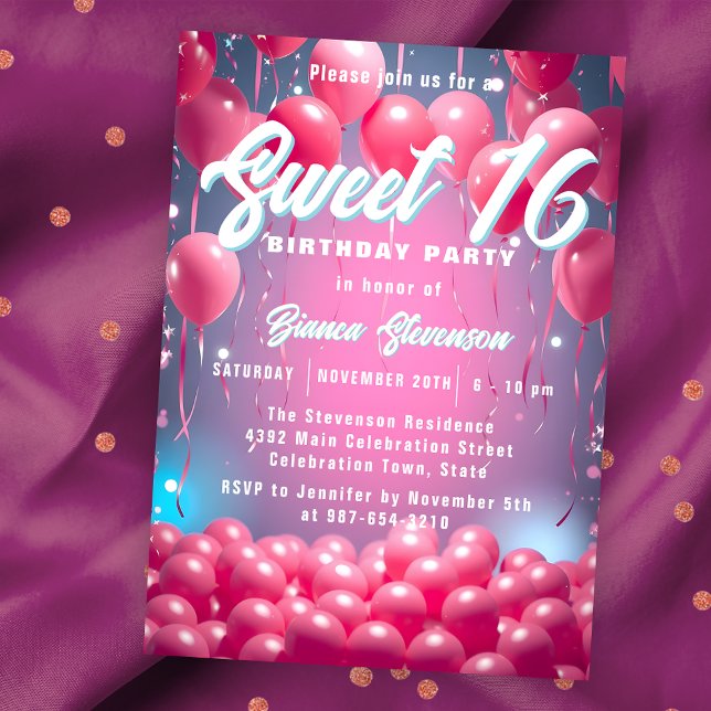Invitation Dreamy Sky Pink Balloons Sweet 16 Anniversaire (Créateur téléchargé)