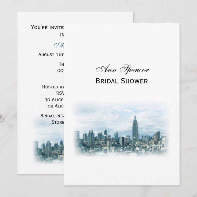Invitation Dreamy Turquoise NYC Skyline Fête des mariées V (Devant / Derrière)