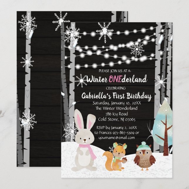 Invitation Dreamy Woodland Forest Animaux ONE derland Anniver (Devant / Derrière)