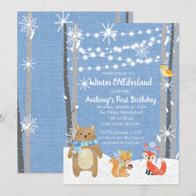Invitation Dreamy Woodland Forest Animaux ONE derland Anniver (Devant / Derrière)