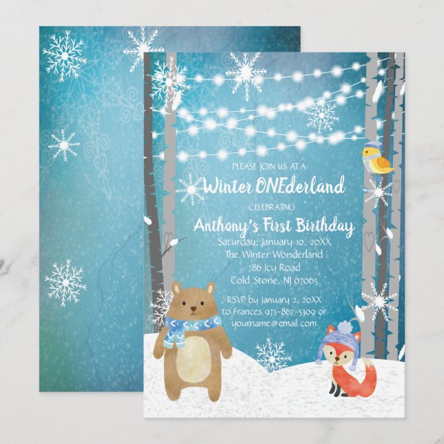 Invitation Dreamy Woodland Forest Animaux ONE derland Anniver (Devant / Derrière)