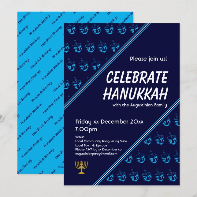 Invitation DREIDEL Bleu Moderne Personnalisé CÉLÉBRER HANOUKK (Devant / Derrière)