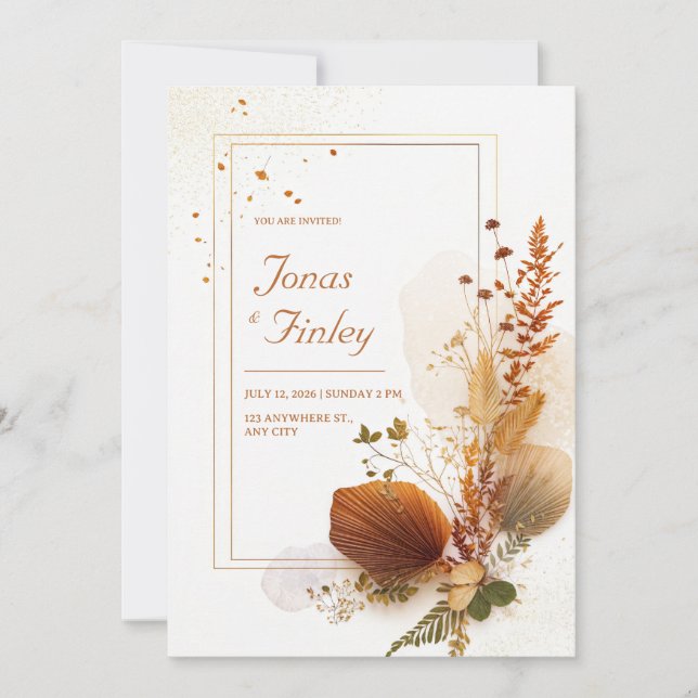 Invitation Dried Palm Fan Gold Stardust Wedding (Devant)