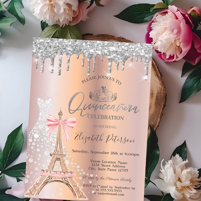 Invitation  Drips Diamond Dress Eiffel Tower Bow Quinceañera  (Créateur téléchargé)