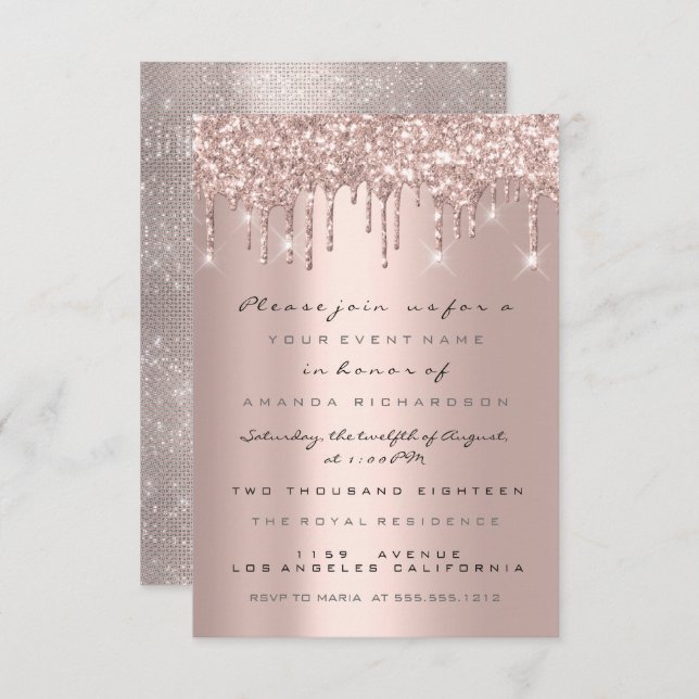 Invitation Drips Rose Gold Fête de Mariage Douzième Anniversa (Devant / Derrière)