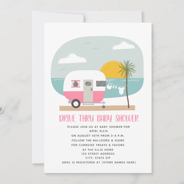 Invitation Drive À Travers Baby shower Pink Beach Camper (Devant)