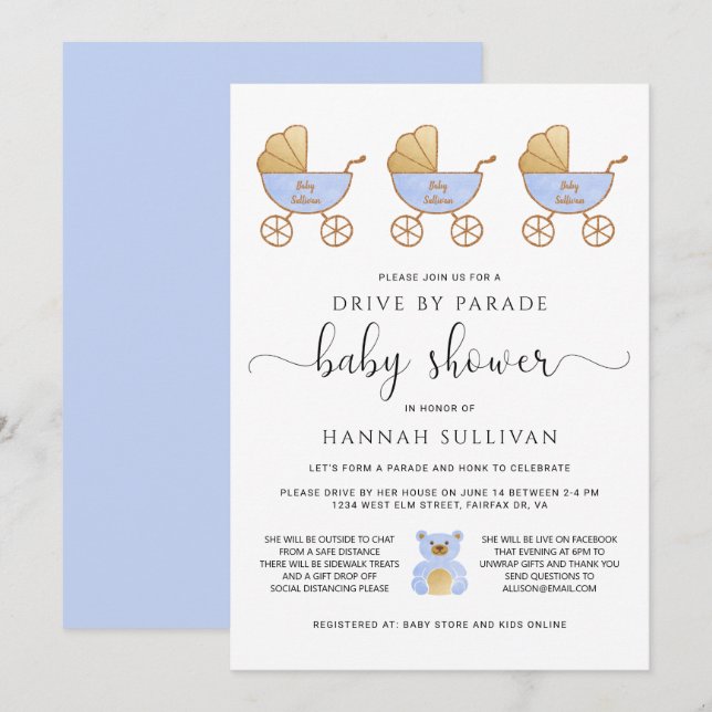 Invitation Drive By Baby Boy Show | Retro Carriage Blue (Devant / Derrière)