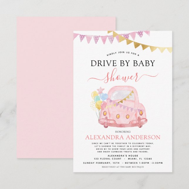 Invitation Drive By Baby shower Blush Pink Gold Foil (Devant / Derrière)