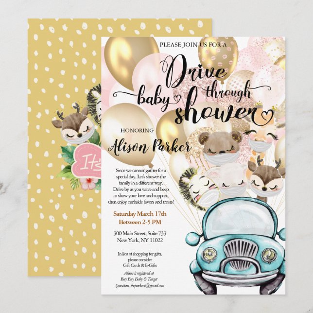 Invitation Drive By Baby shower for GIRL | Amis Safari (Devant / Derrière)
