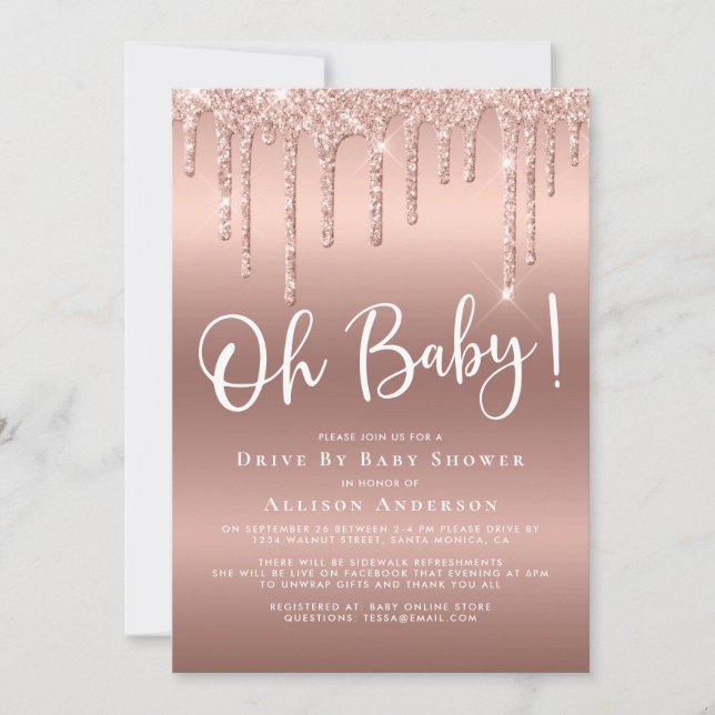 Invitation Drive By Baby shower Parties scintillant Drift Ros (Devant)