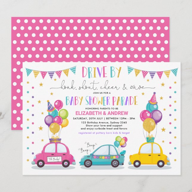 Invitation Drive By Baby shower Party Parade Quarantine Girl (Devant / Derrière)