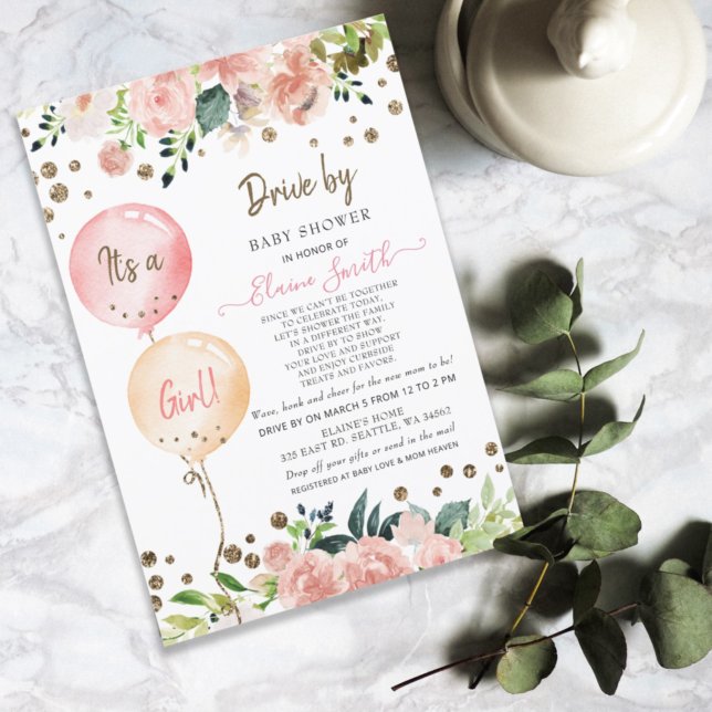 Invitation Drive by Balloons Pink Floral Girl Baby Shower (Créateur téléchargé)