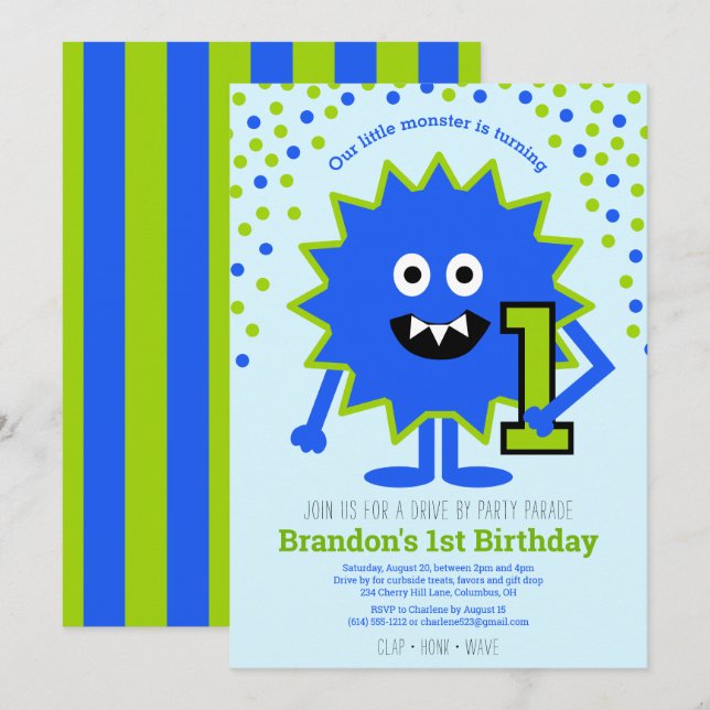 Invitation Drive By Blue Cute Little Monster Boy 1er Annivers (Devant / Derrière)