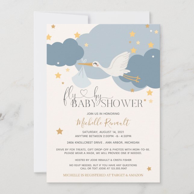 Invitation Drive By "Fly By" Stork C'est un Baby shower garço (Devant)