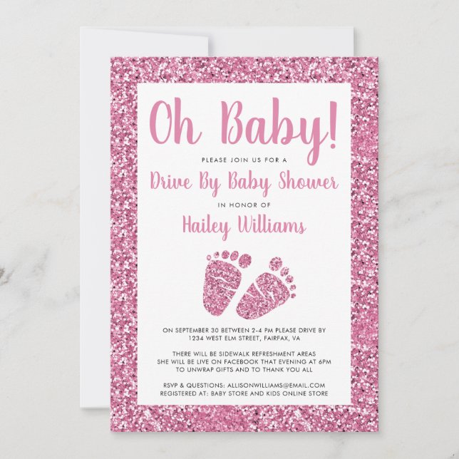 Invitation Drive By Oh Baby Pink Parties scintillant Baby sho (Devant)