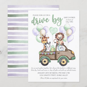 Invitation Drive By Safari Camion et Baby shower animal migno