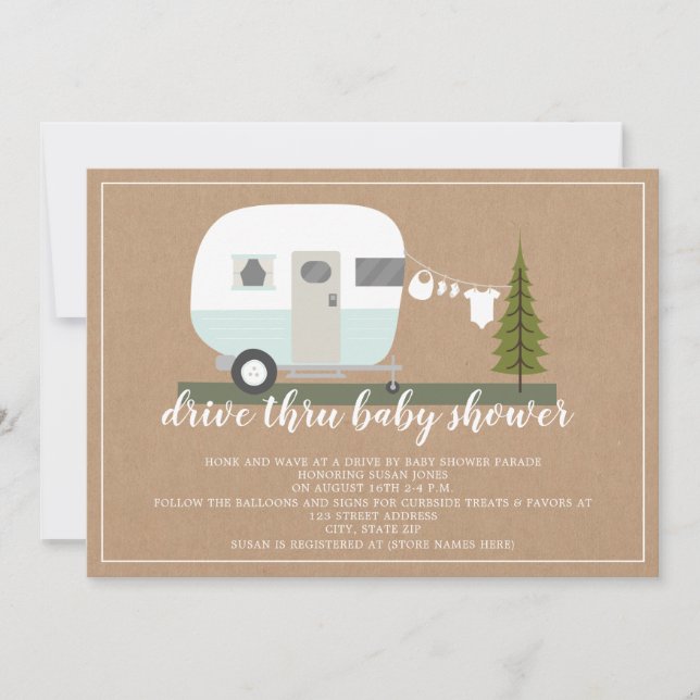 Invitation Drive Thru Baby shower Blue Camper Woodland (Devant)