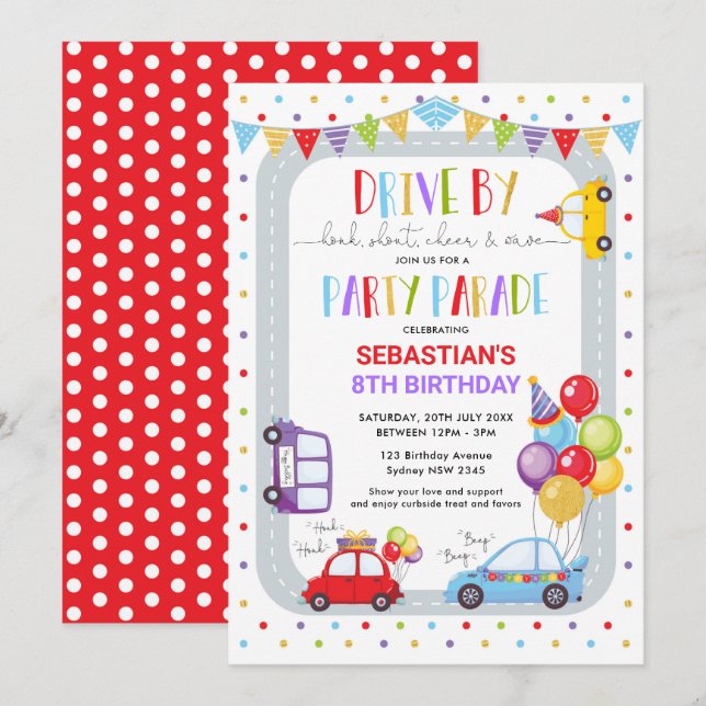 Invitation Drive Thru Birthday Parade Quarantine Party (Devant / Derrière)