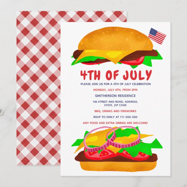 Invitation Drôle barbecue burger drapeau américain plaid 4 ju (Devant / Derrière)