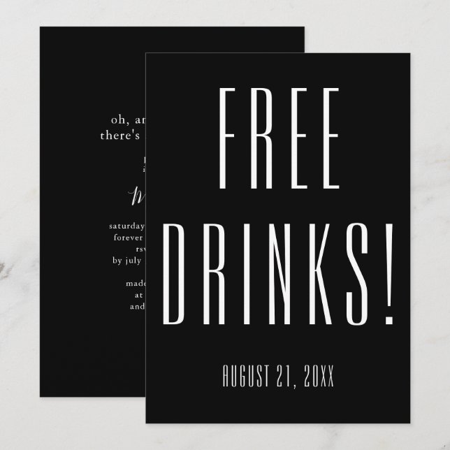 Invitation Drôle boissons gratuites Fête des mariées noire (Devant / Derrière)