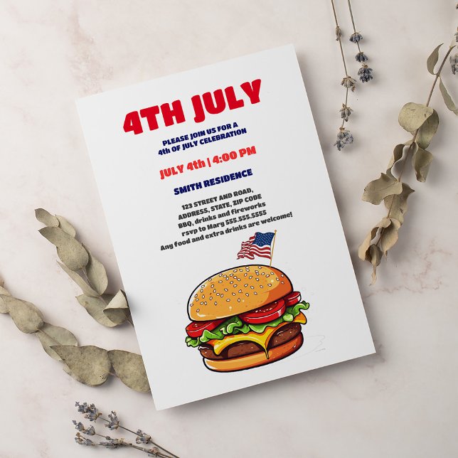 Invitation Drôle burger drapeau américain plaid bbq 4 juillet (Créateur téléchargé)