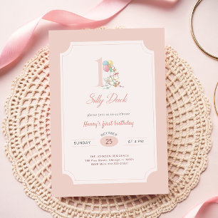 Invitation Drôle Canard Mignon Ruban Rose Fille 1er Anniversa