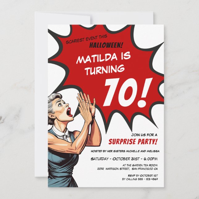 Invitation Drôle Comic Halloween Surprise 70e anniversaire (Devant)