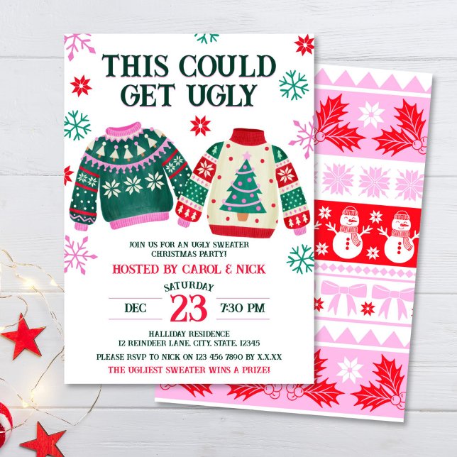 Invitation Drôle Doux moche fête de Noël et flocons de neige (Ugly Sweater Christmas Party & Snowflakes Invitation)