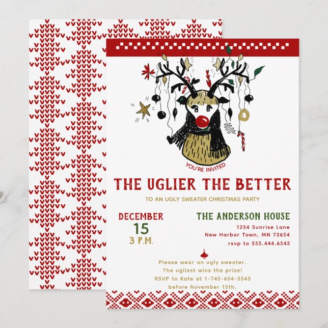 Invitation Drôle Doux moche Reindeer Nordic Holiday Party (Devant / Derrière)