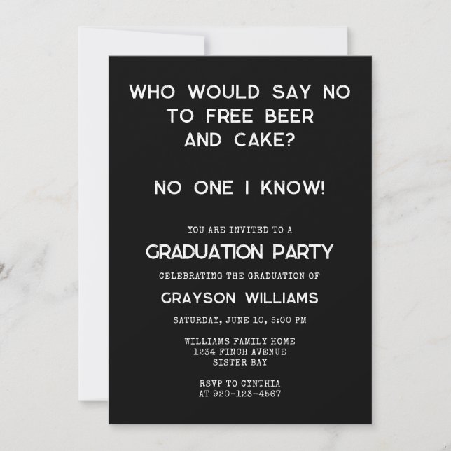 Invitation Drôle Gratuit Bière Gâteau Graduation (Devant)