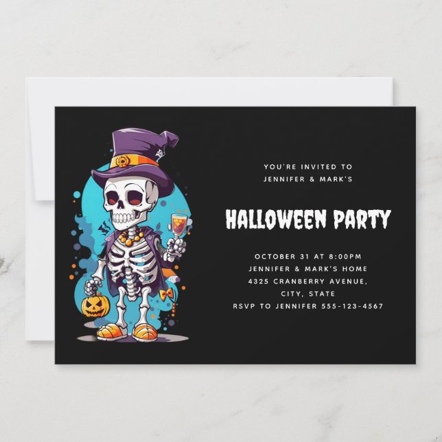 Invitation Drôle Halloween Squelette portant Top Hat (Devant)