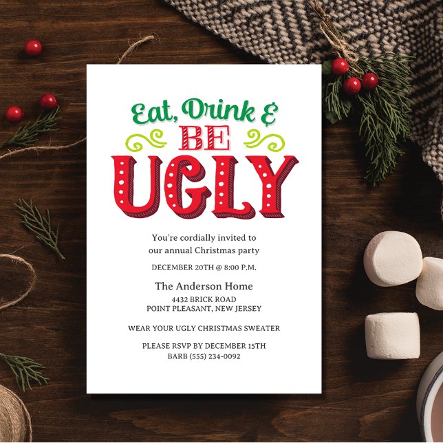 Invitation Drôle Manger Boire Soit laide fête de Noël (Funny Eat Drink Be Ugly Christmas Party Invitation)