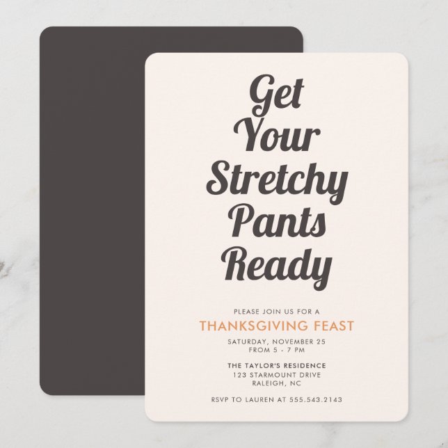 Invitation Drôle Stretchy Pants Brown Thanksgiving Dîner (Devant / Derrière)