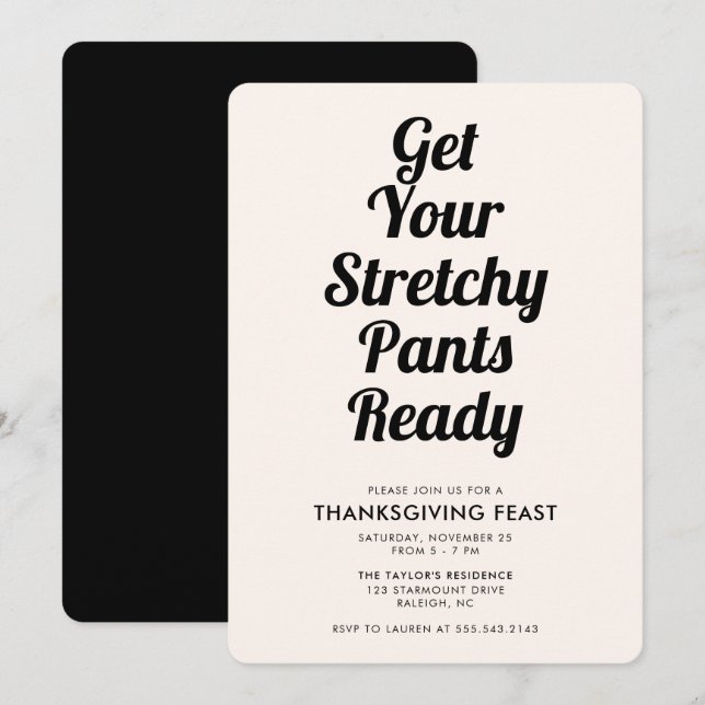 Invitation Drôle Stretchy Pants Thanksgiving Dîner Noir (Devant / Derrière)