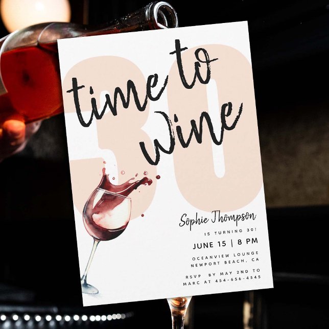 Invitation Drôle temps de vin verre humoristique 30e annivers (funny 30th birthday invitation for women time to wine winery tasting party elegant modern red black )
