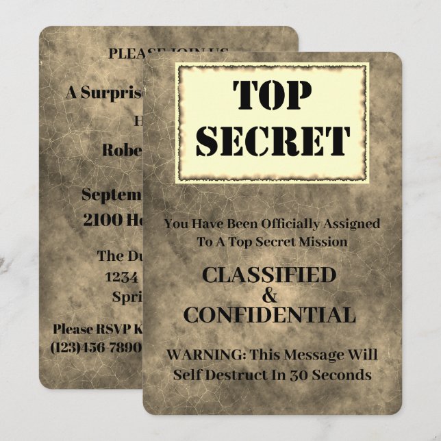 Invitation Drôle Top Secret Surprise Anniversaire (Devant / Derrière)