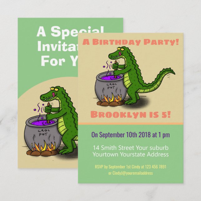 Invitation Drôle vert alligator cuisine dessin animé invitati (Devant / Derrière)