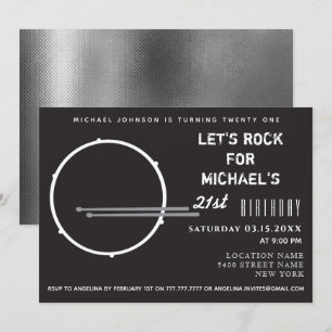 Invitation Drummer 21e anniversaire , Drum Cool noir et blanc