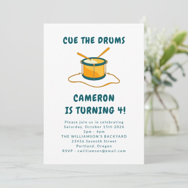 Invitation Drummer Drums Musique Bleu 4ème anniversaire (Debout devant)
