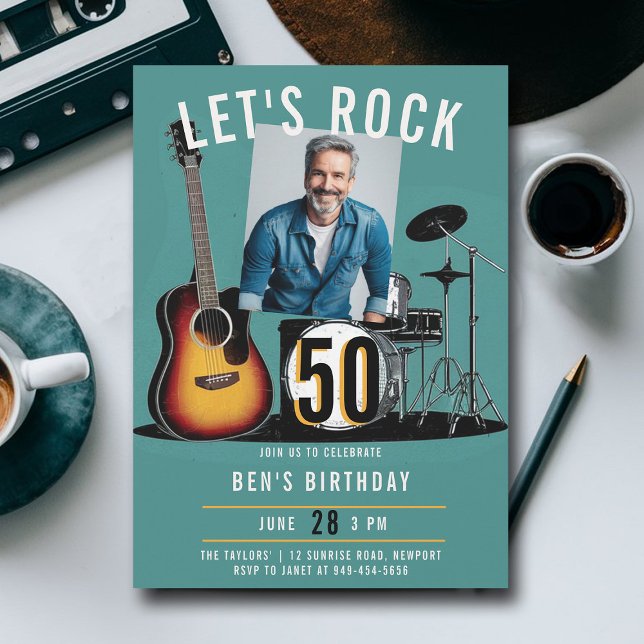 Invitation Drums de guitare rock Hommes 50e anniversaire Phot (music fest rock ticket 50th birthday party photo invitation men modern classy fun blue teal orange)