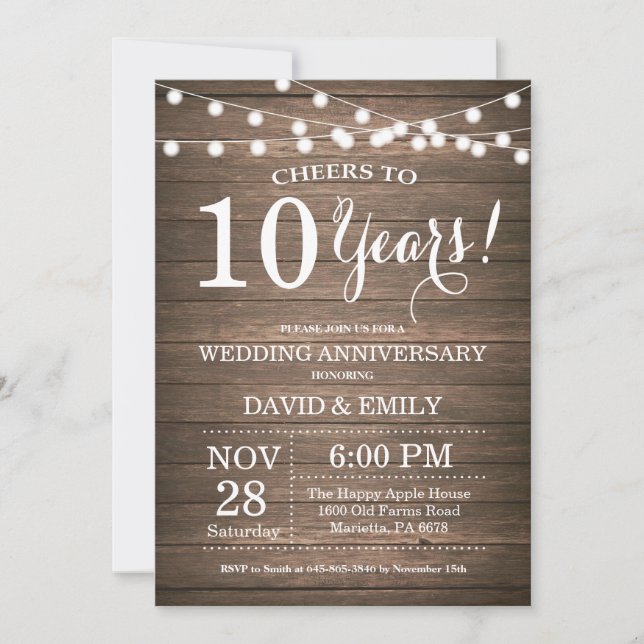 Invitation du 10e anniversaire du Mariage Bois rus (Devant)