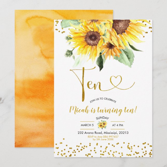 Invitation du 10e anniversaire du tournesol (Devant / Derrière)