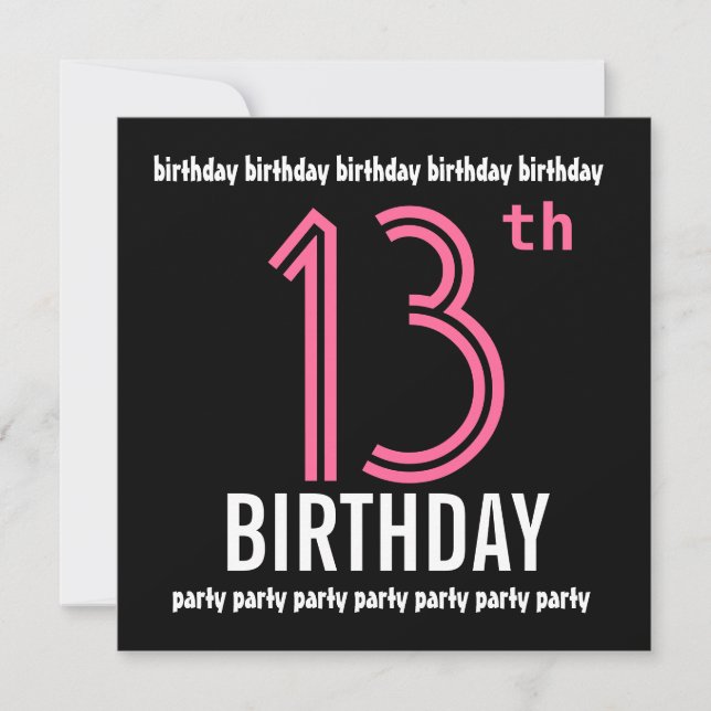 Invitation du 12e anniversaire Modèle rose noir (Devant)