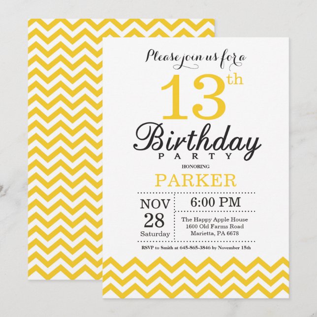 Invitation du 13e anniversaire Chevron jaune (Devant / Derrière)