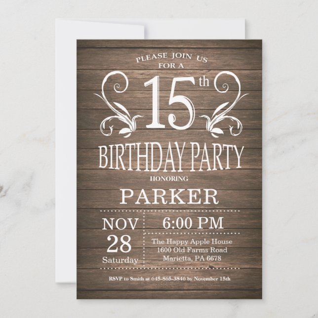 Invitation du 15e anniversaire Bois rustique Flora (Devant)