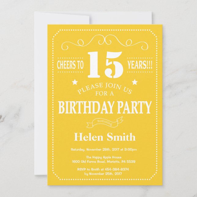 Invitation du 15e anniversaire Jaune et blanc (Devant)