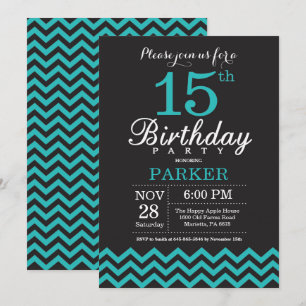 Invitation du 15e anniversaire Noir et Turquoise